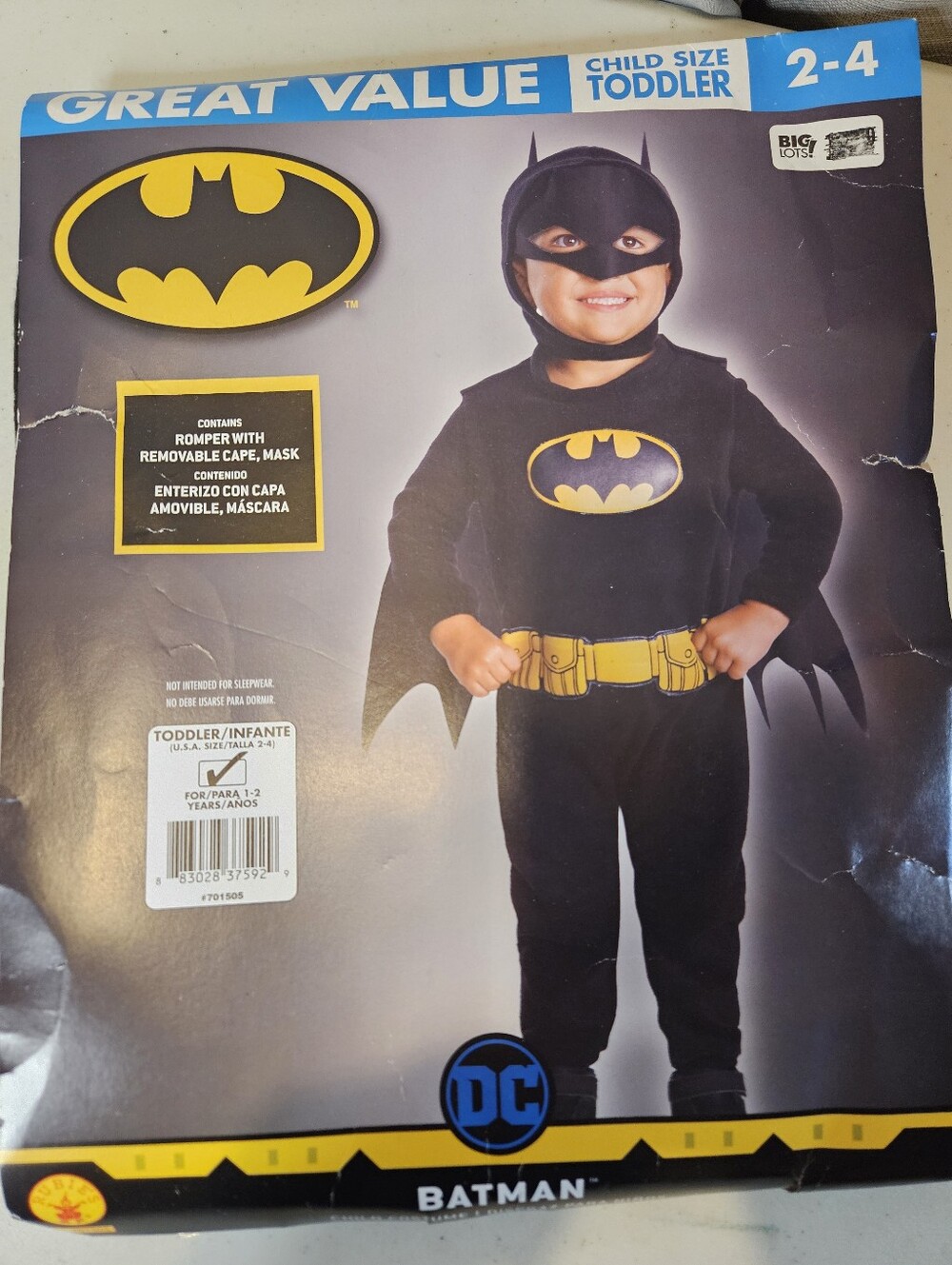 Rubie's Batman toddler kids costume New 2-4 Fleece Romper, Removable Cape, Mask